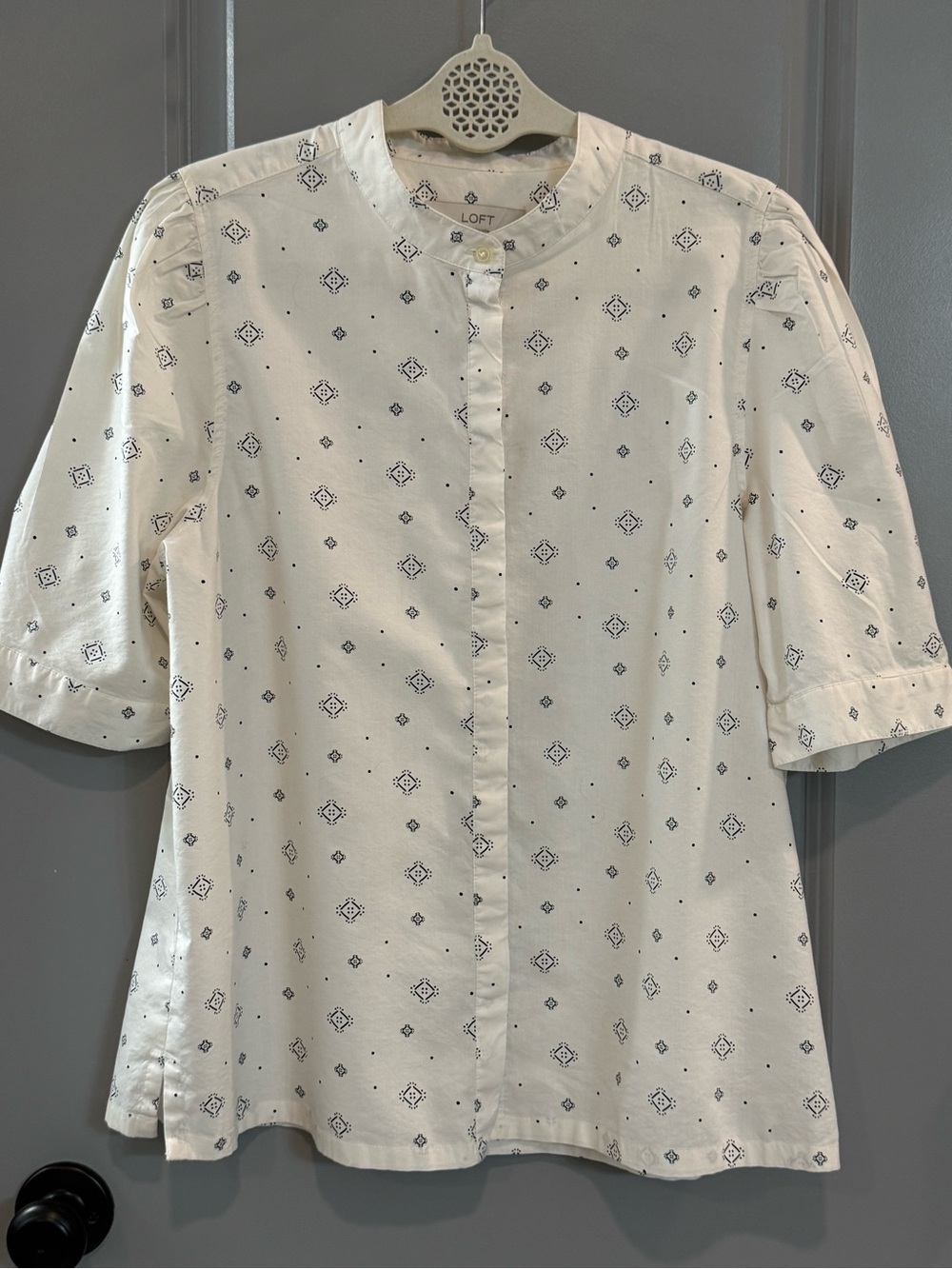 LOFT White Blouse with Navy Geometric Motif